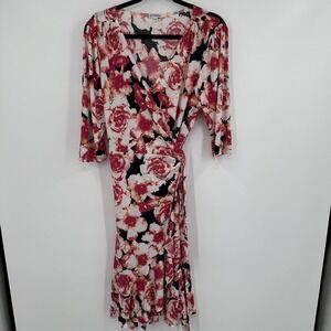 Kiyonna Dress Womens Size 1‎ Red Floral Wrap Midi Ruffle Hem 3/4 Sleeve Plus